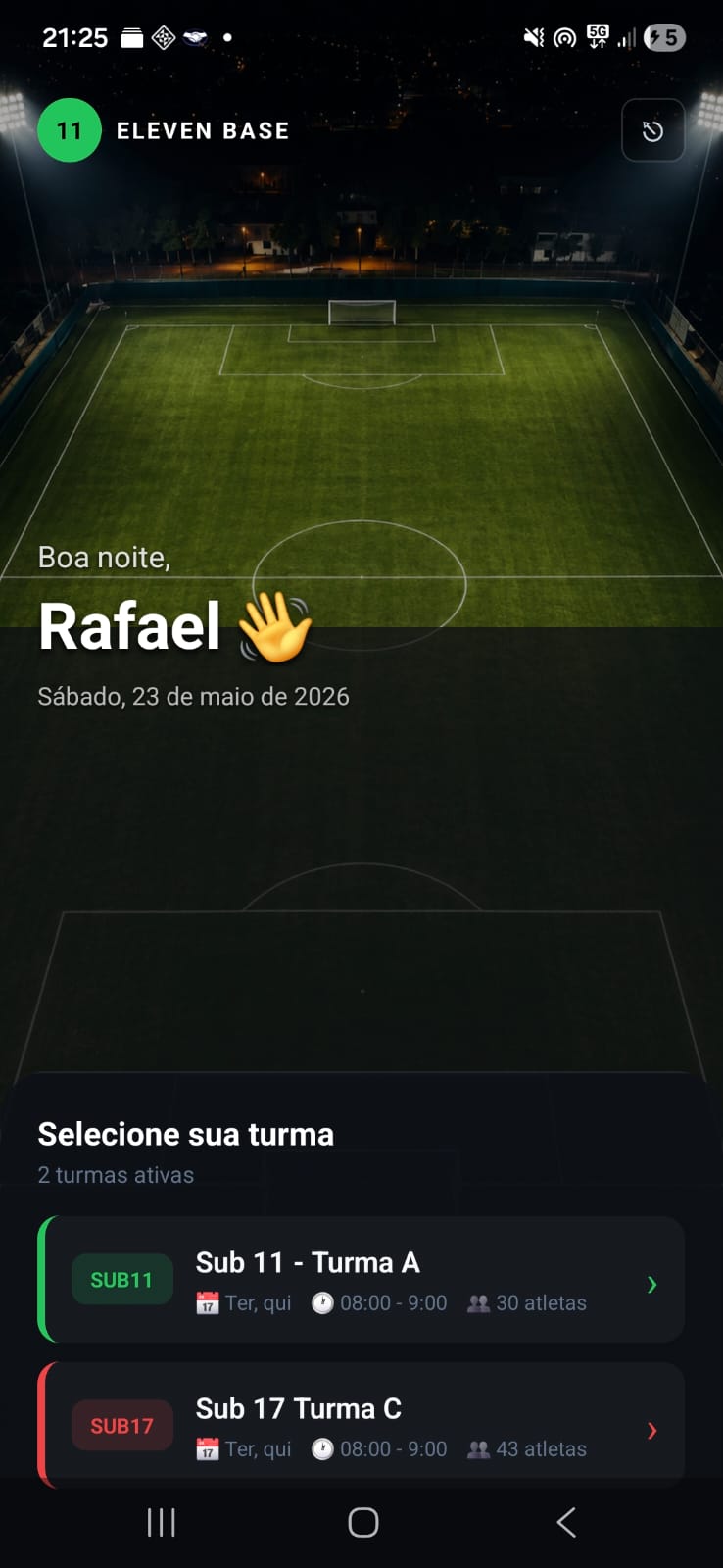 Tela inicial do app do treinador